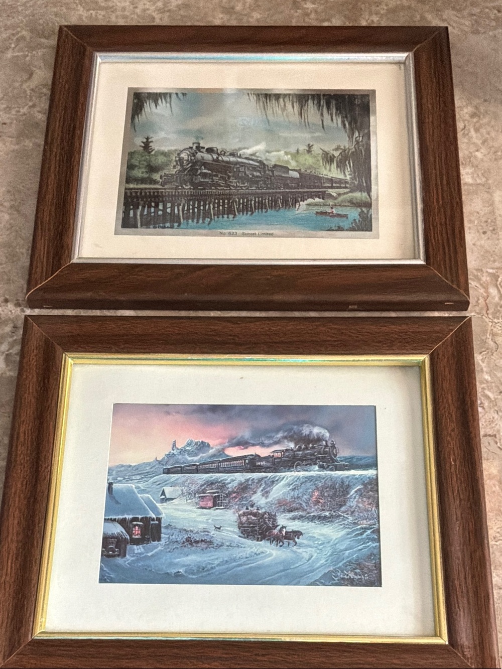 Framed Vintage Train Art Prints in Brown Frame (Set of 2)